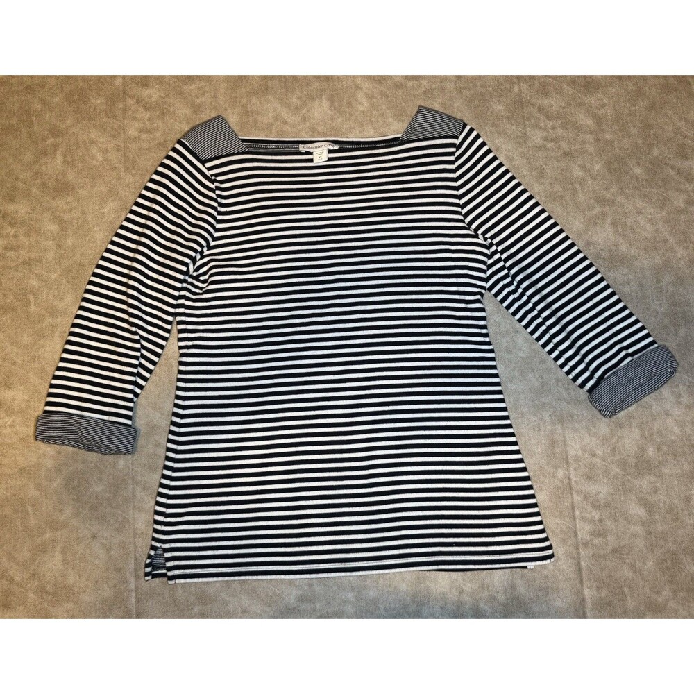 Coldwater Creek Rolled Cuff Striped Top Womens White Black Squared Neck Size XS